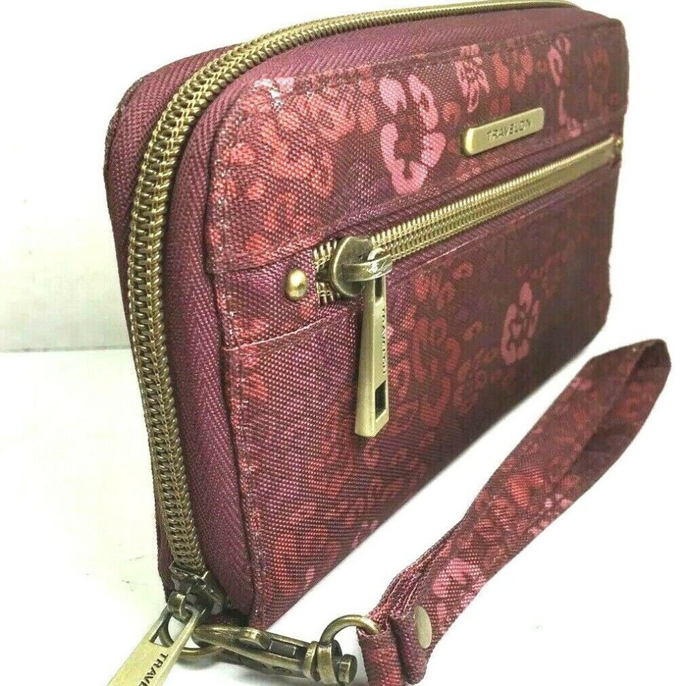 Travelon Maroon Fabric Floral Clutch Wallet